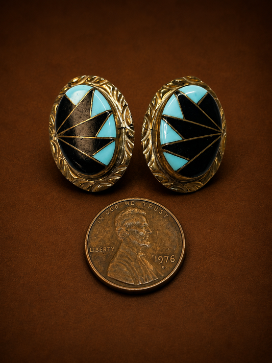 Vintage 1980s Navajo Sterling Silver Geometric Turquoise and Onyx Channel Inlay Earrings Signed Wayne Etsitty