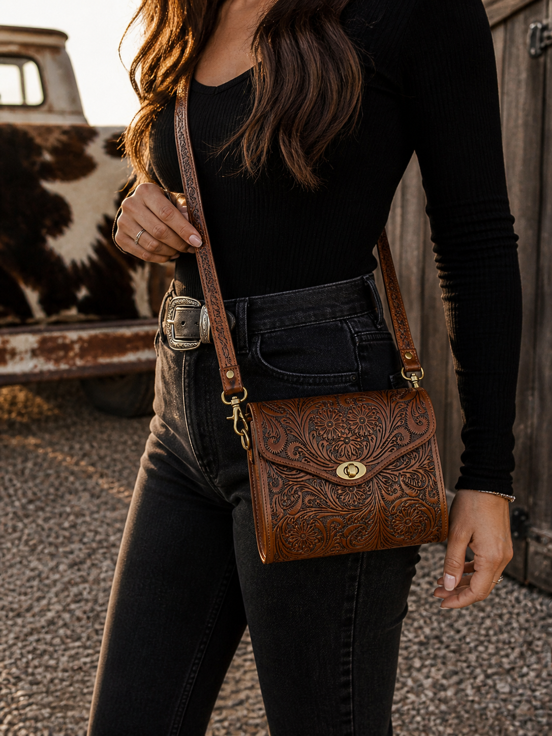 Sierra Bloom Genuine Leather Tooled Crossbody
