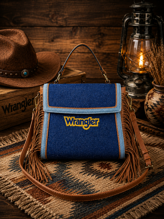 Wrangler Denim Drift Fringe Tote Crossbody Bag