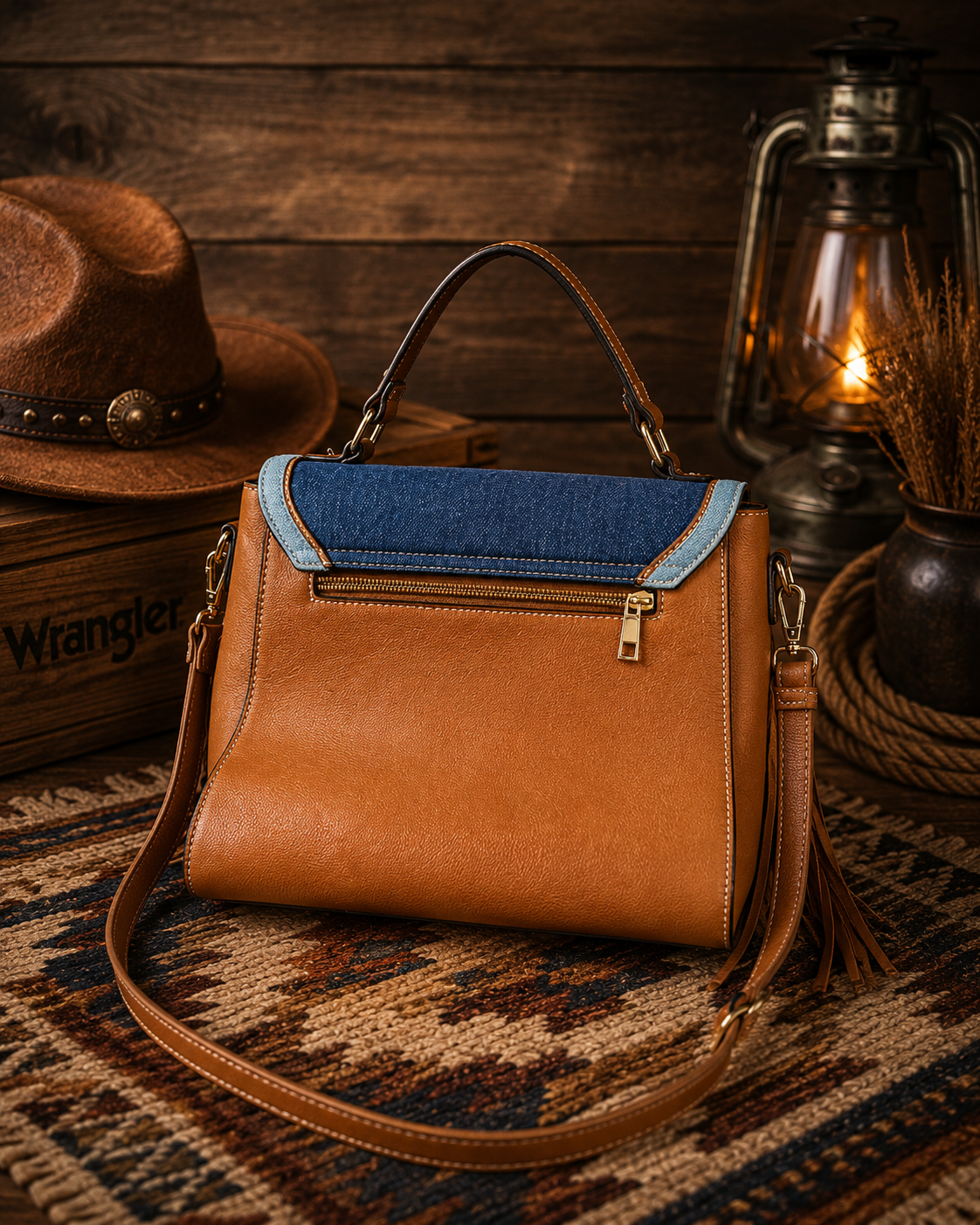Wrangler Denim Drift Fringe Tote Crossbody Bag