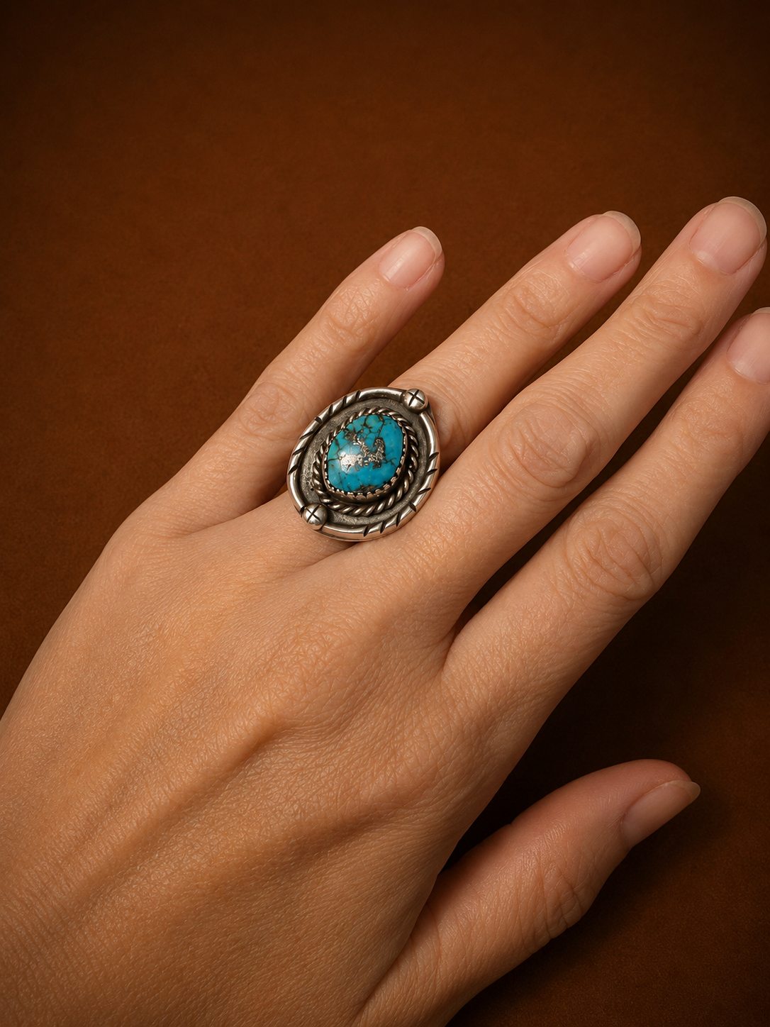 Vintage 1970s Navajo Sterling Silver Matrix Turquoise Oval Concho Ring