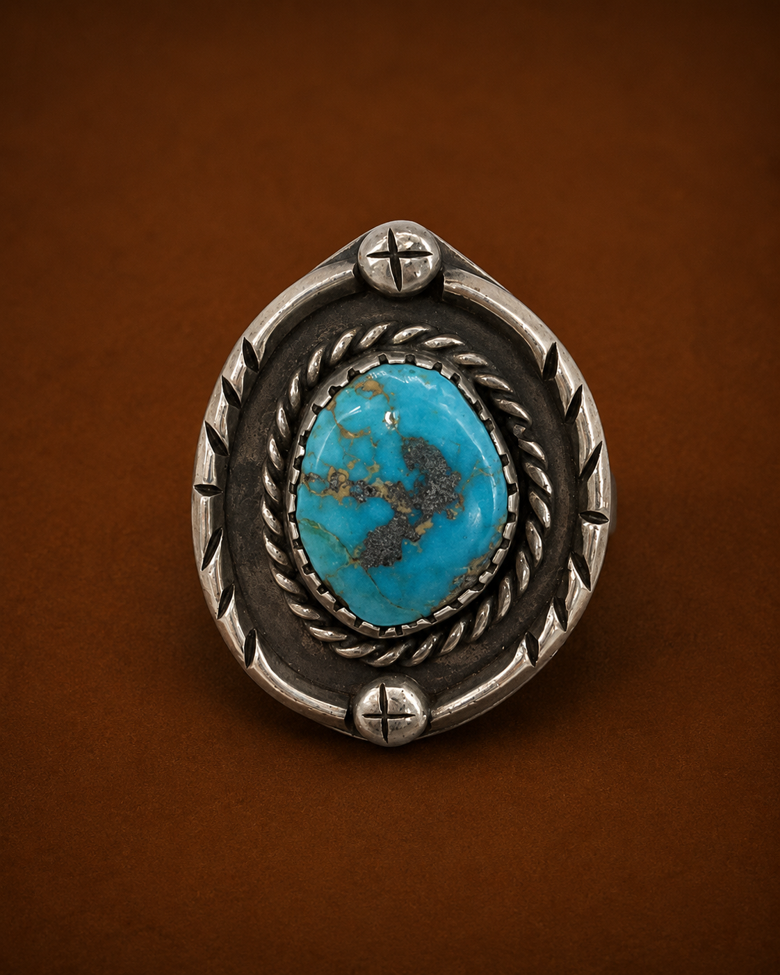 Vintage 1970s Navajo Sterling Silver Matrix Turquoise Oval Concho Ring