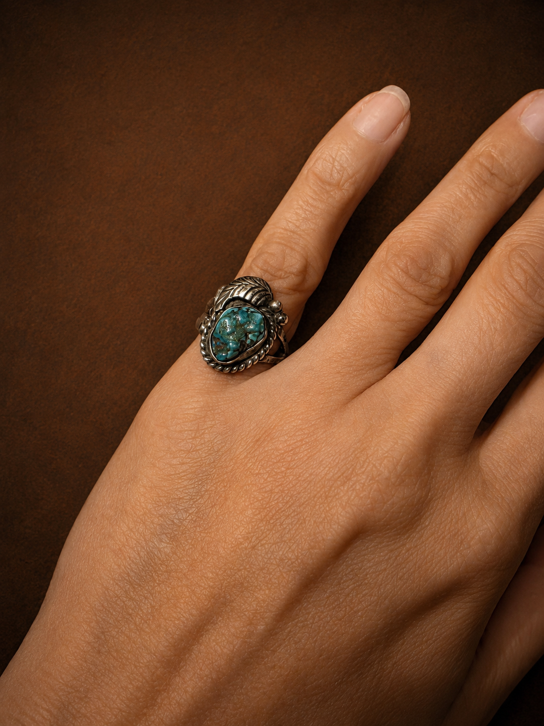 The "JHP Signed Navajo Mystery Master" Vintage Turquoise & Feather Ring