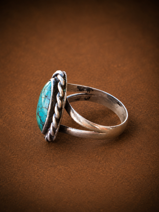 Vintage "Old Pawn" Sterling Silver Turquoise Ring Split Shank Size Unsigned Circa 1950's