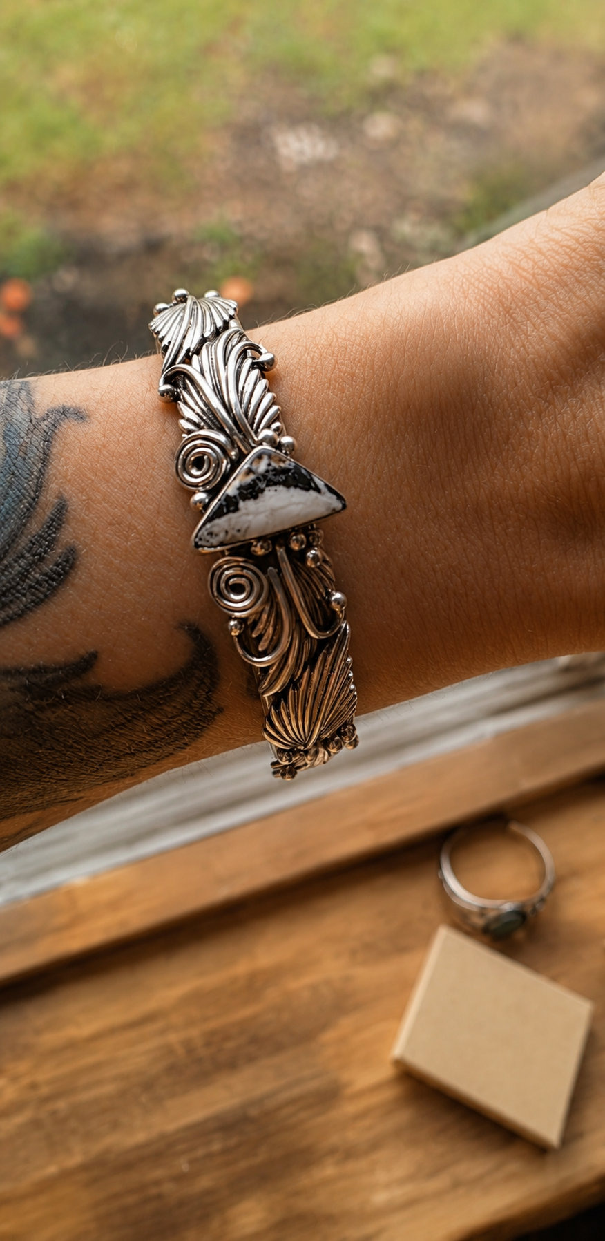 Emerson Delgarito Navajo Sterling Silver White Buffalo Triangle Cuff