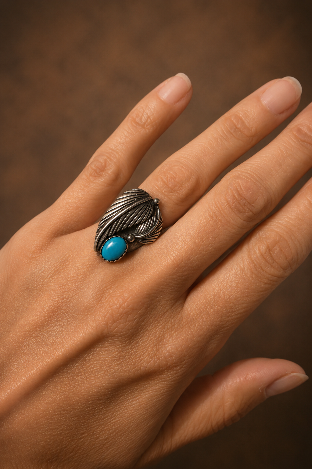 The "Tigua Reserve" Vintage Silver & Sleeping Beauty Turquoise Feather Ring (circa 1970)
