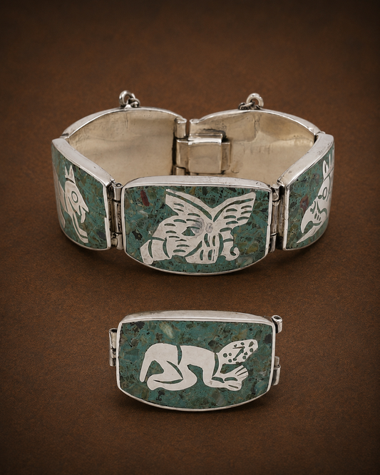 The "Meléndez Masterpiece" Vintage Taxco Silver & Turquoise Chip Inlay Panel Bracelet (circa 1980)