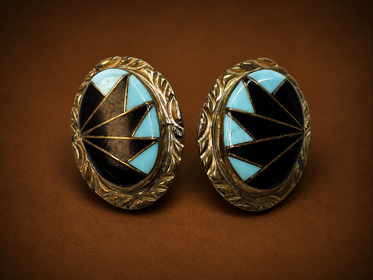 Vintage 1980s Navajo Sterling Silver Geometric Turquoise and Onyx Channel Inlay Earrings Signed Wayne Etsitty