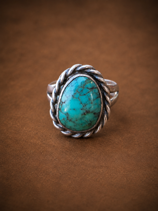 Vintage "Old Pawn" Sterling Silver Turquoise Ring Split Shank Size Unsigned Circa 1950's