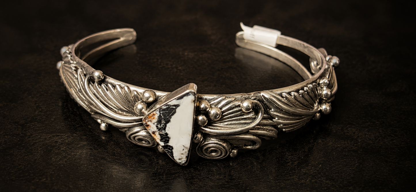 Emerson Delgarito Navajo Sterling Silver White Buffalo Triangle Cuff
