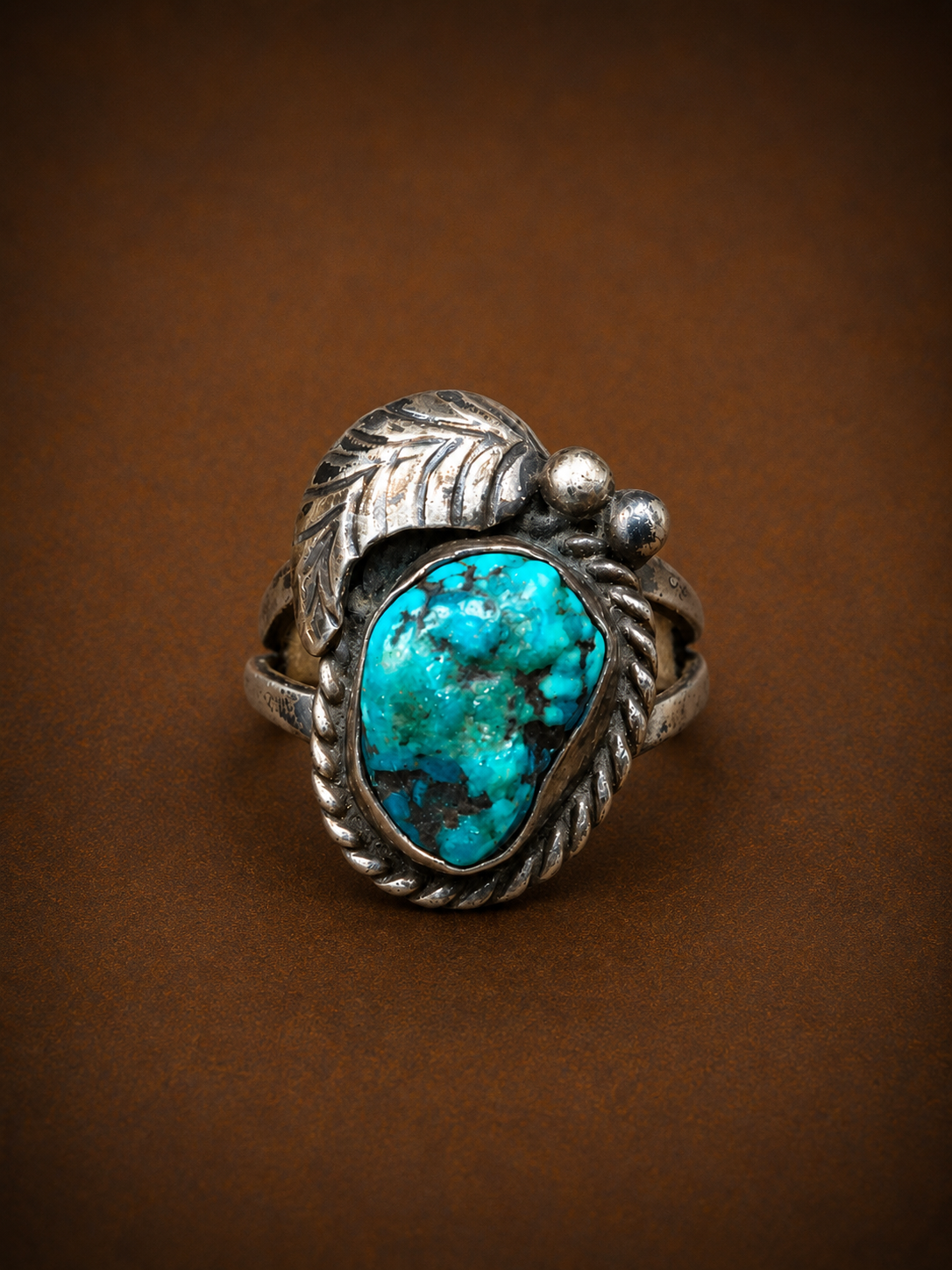 The "JHP Signed Navajo Mystery Master" Vintage Turquoise & Feather Ring