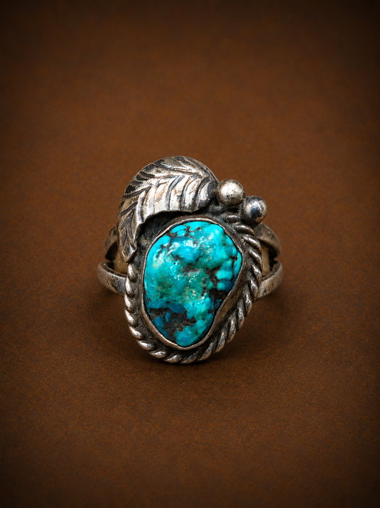 The "JHP Signed Navajo Mystery Master" Vintage Turquoise & Feather Ring