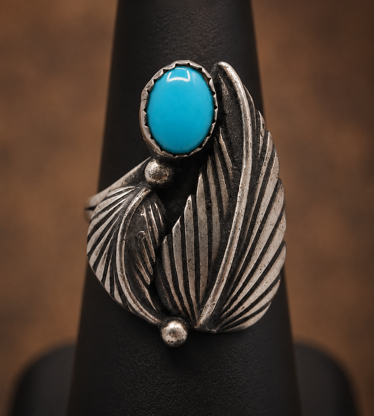 The "Tigua Reserve" Vintage Silver & Sleeping Beauty Turquoise Feather Ring (circa 1970)