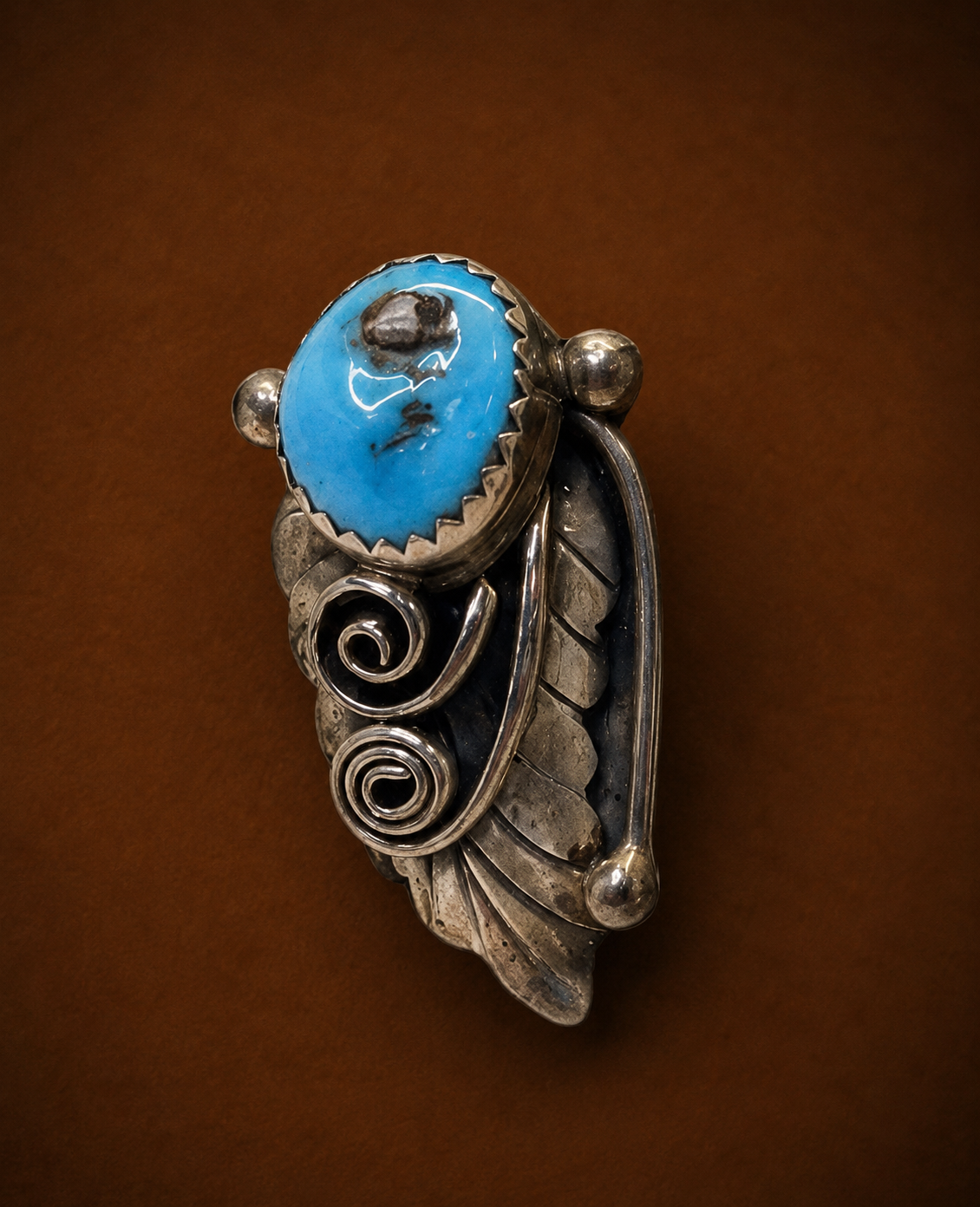 Vintage 1970s Navajo Sterling Silver Matrix Turquoise Leaf and Scroll Statement Earrings Signed "D"