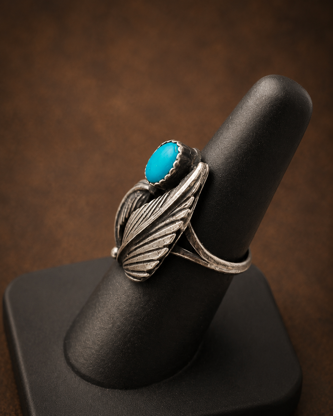 The "Tigua Reserve" Vintage Silver & Sleeping Beauty Turquoise Feather Ring (circa 1970)