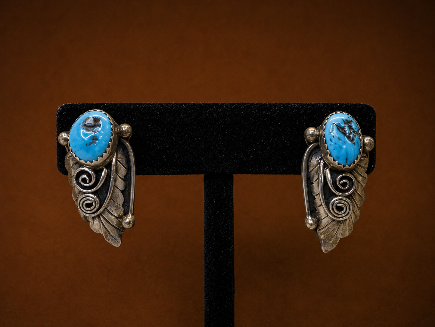 Vintage 1970s Navajo Sterling Silver Matrix Turquoise Leaf and Scroll Statement Earrings Signed "D"