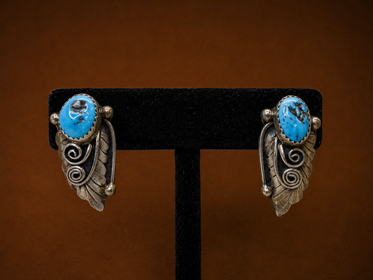 Vintage 1970s Navajo Sterling Silver Matrix Turquoise Leaf and Scroll Statement Earrings Signed "D"